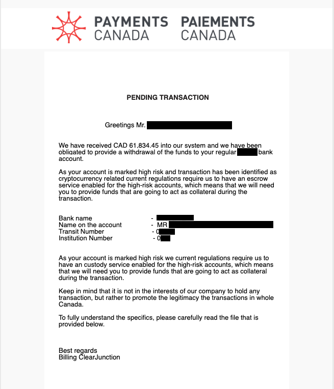 Sample of a fraudulent email in circulation