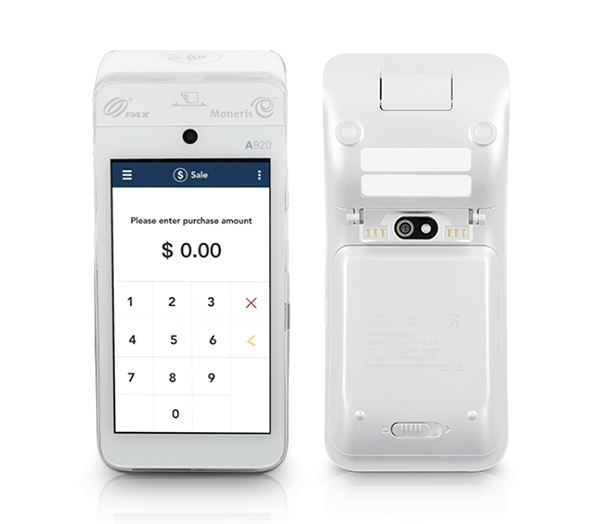 L'image 1 présente l'avant et l'arrière d'un terminal de paiement moderne doté d'un écran tactile sur lequel on peut lire : "Veuillez saisir le montant : 0,00 $" et les chiffres de zéro à neuf sur le pavé tactile.