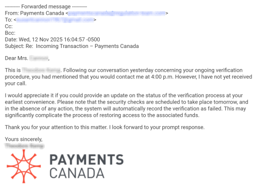 Screen capture of fraudulent email